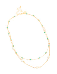 Gold Plated Emerald Stone & Pearl Layered Necklace - link has visual effect only
