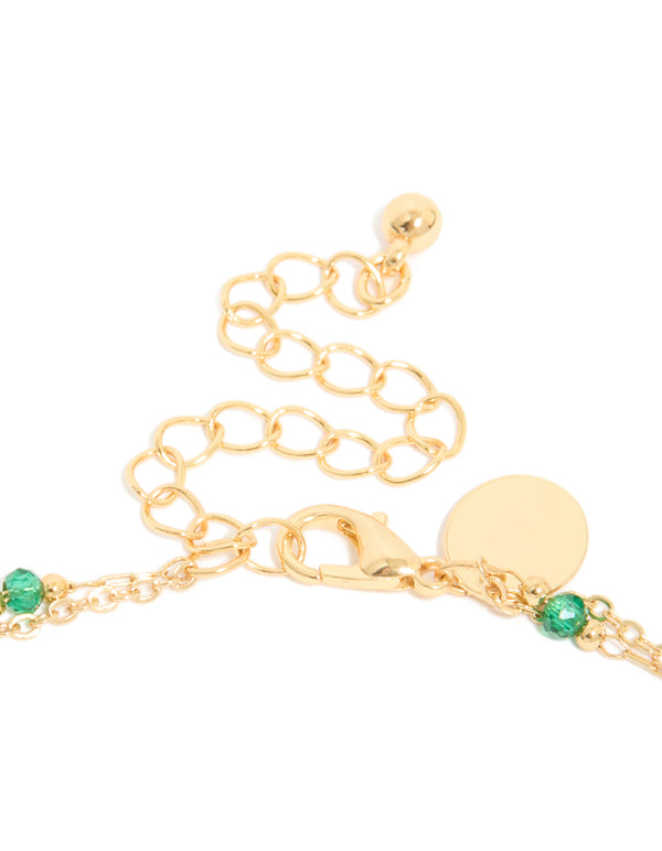 Gold Plated Emerald Stone & Pearl Layered Necklace