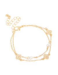 Gold Plated Cubic Zirconia Flower & Freshwater Pearl Layered Bracelet - link has visual effect only