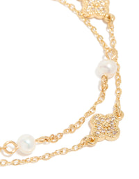 Gold Plated Cubic Zirconia Flower & Freshwater Pearl Layered Bracelet - link has visual effect only