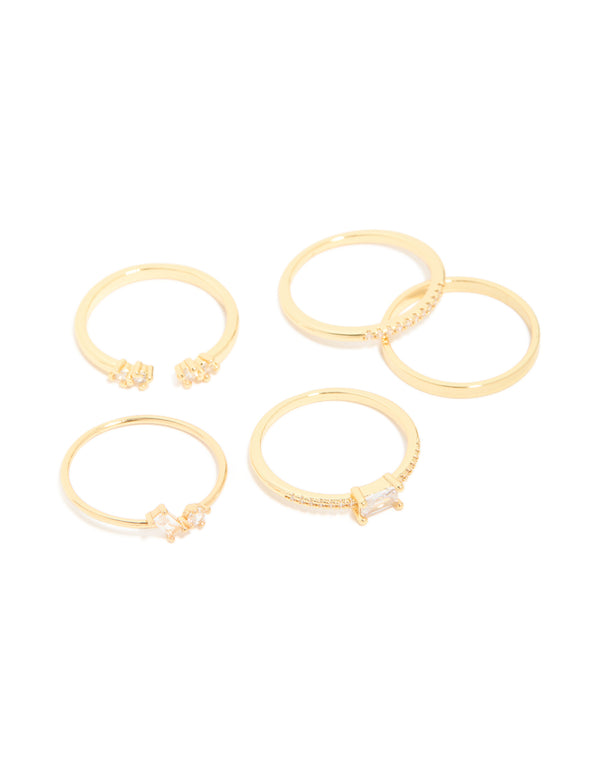 Gold Plated Open Rectangular Cubic Zirconia Rings 5-Pack