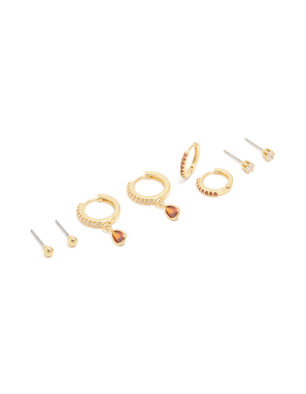 Gold Plated Brass Ruby Cubic Zirconia July Birthstone Earrings 4-Pack