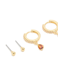 Gold Plated Brass Ruby Cubic Zirconia July Birthstone Earrings 4-Pack - link has visual effect only