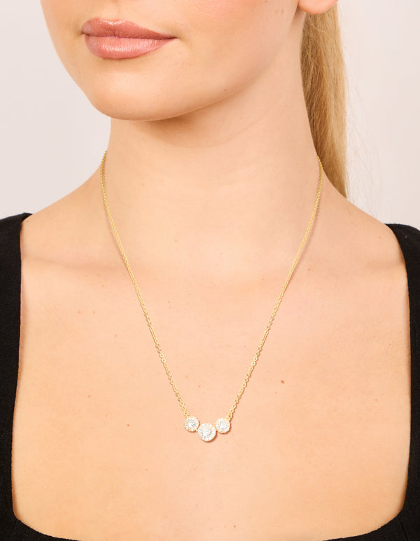 Gold Plated Cubic Zirconia Trio Halo Necklace