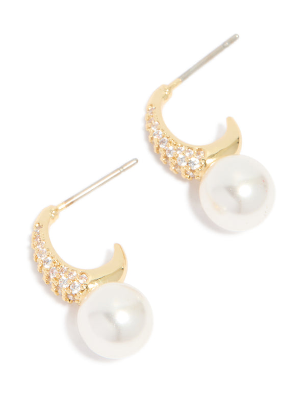 Gold Plated Cubic Zirconia & Pearl Small Pave Open Hoop Earrings
