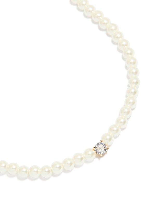 Gold Plated Pearl Inlay & Cubic Zirconia Necklace
