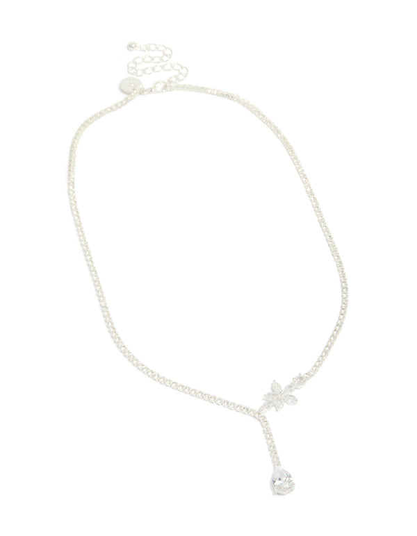 Silver Plated Cubic Zirconia Flower Cup Chain Y-Necklace