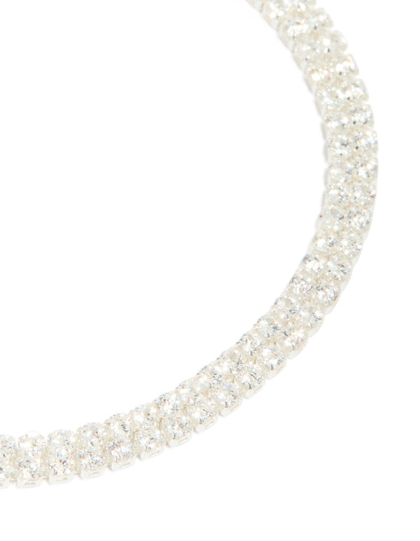 Silver Plated Cubic Zirconia Thin Tennis Layered Toggle Bracelet