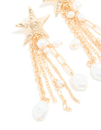 Gold Pearl Star Fish Chain Drop Earrings - link has visual effect only