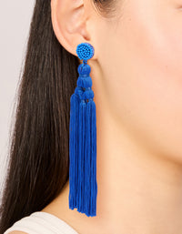 Dark Blue Fabric Fringe Long Drop Earrings - link has visual effect only