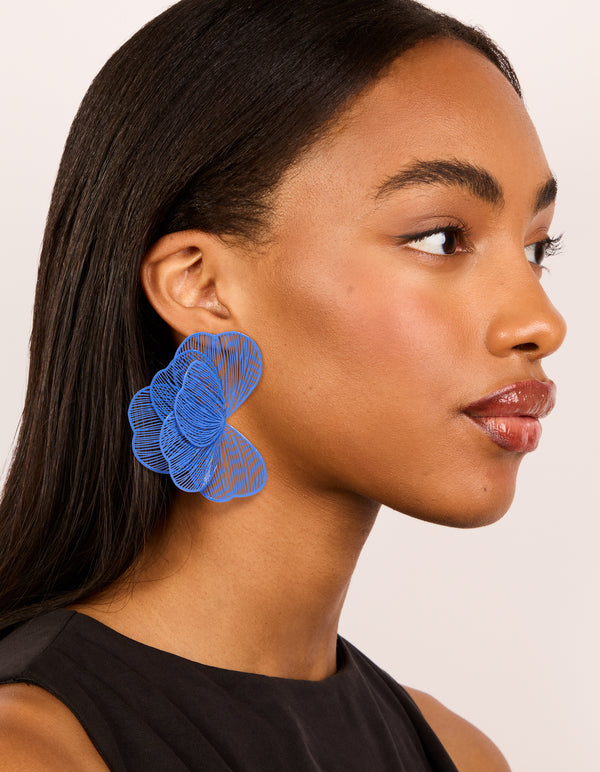 Dark Blue Coated Metal Wire Petal Stud Earrings