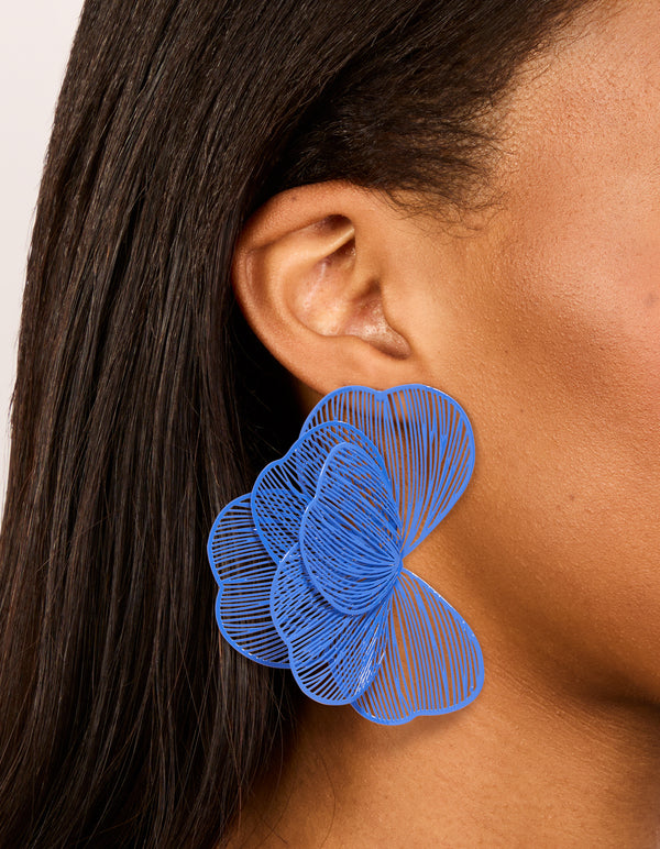 Dark Blue Coated Metal Wire Petal Stud Earrings