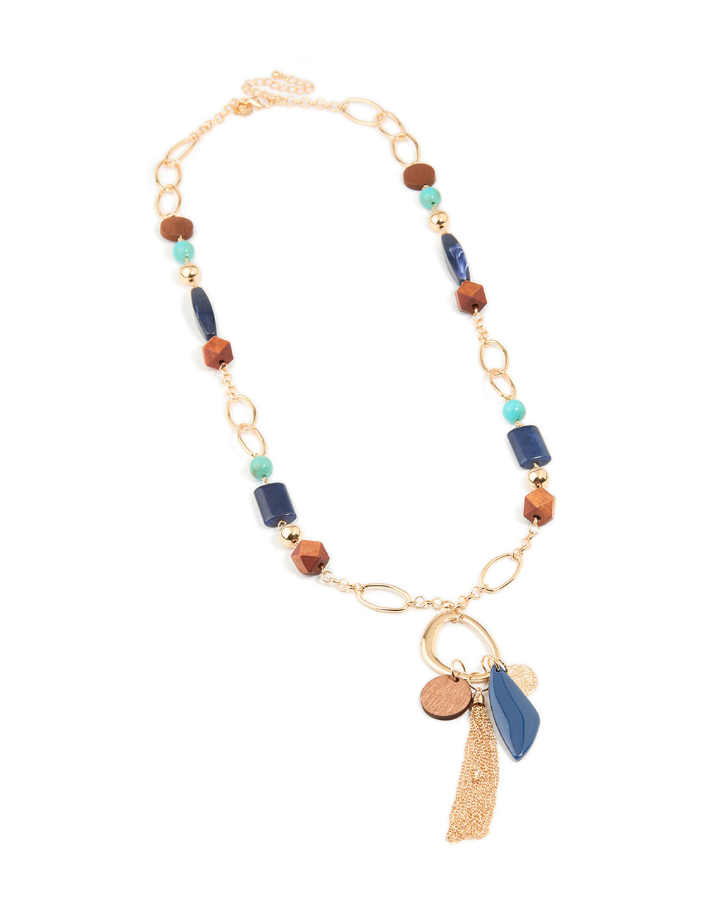 Gold Brown & Dark Blue Beaded Fringe Long Necklace