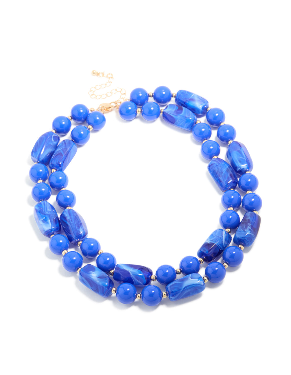 Featuring a dark blue acrylic beaded long layered necklace with balls and statement style in royal and dodger blue with gold accents front view