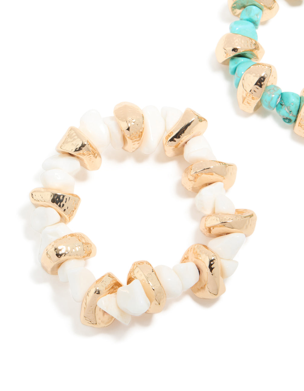 Crafted from blue, gold, and white beaded stretch bracelets in 2-pack close up view