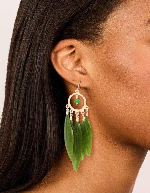 Gold Dreamcatcher & Dark Green Feather Earrings