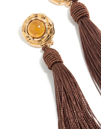 Gold Yellow Stone & Brown Knotted Tassel Drop Earrings - link has visual effect only