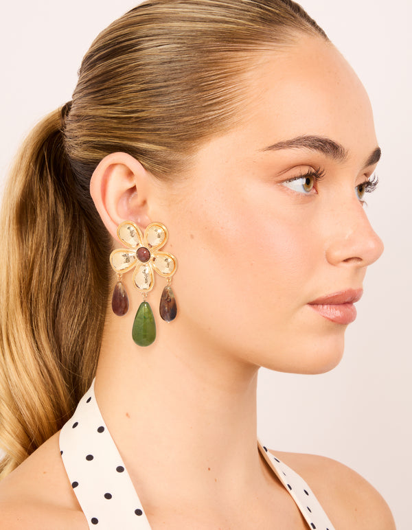 Gold Flower Brown & Green Beaded Statement Earrings