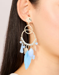 Gold Blue Beaded Leaf & Feathers Boho Earrings - link has visual effect only