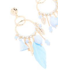 Gold Blue Beaded Leaf & Feathers Boho Earrings - link has visual effect only