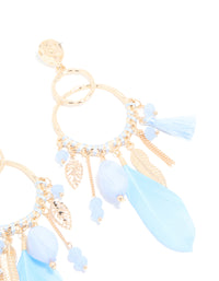 Gold Blue Beaded Leaf & Feathers Boho Earrings - link has visual effect only