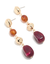 Gold Brown & Dark Pink Beaded Organic Drop Earrings - link has visual effect only