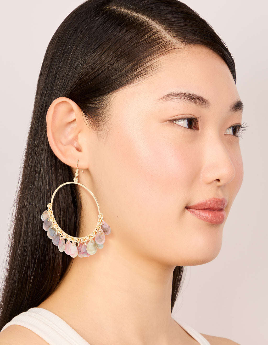 Gold Pink & Grey Multi Beaded Circle Drop Earrings