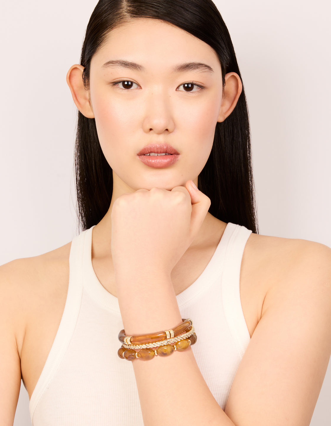 Brown Beaded Stretch Bracelets & Gold Bangles 3-Pack