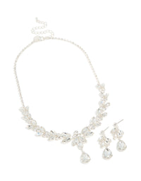 Silver Diamante Shiny Floral Necklace & Drop Earrings Set - link has visual effect only