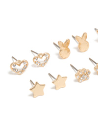 Kids Gold Glitzy Cat & Heart Stud Earrings 6-Pack - link has visual effect only