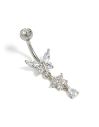 Showcasing a surgical steel cubic zirconia butterfly and flower belly bar featuring balls, charm dangling with bar design in silver front view - link has visual effect only