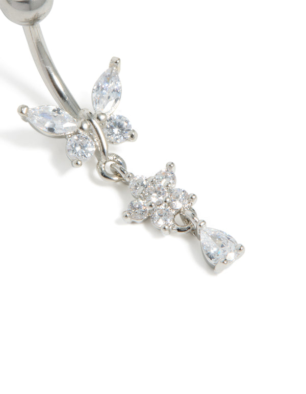 Highlighting surgical steel cubic zirconia butterfly and flower belly bar with balls, floral charm, and bar in silver close up view
