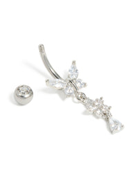 Featuring a surgical steel cubic zirconia butterfly and flower belly bar crafted with balls, floral charm, and bar in silver detail view - link has visual effect only