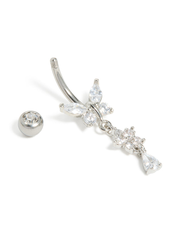 Featuring a surgical steel cubic zirconia butterfly and flower belly bar crafted with balls, floral charm, and bar in silver detail view