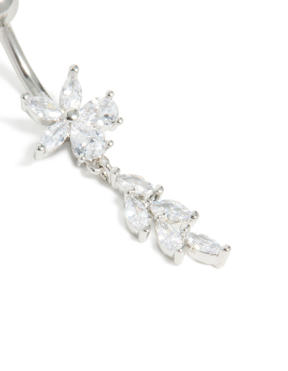Close view of a surgical steel cubic zirconia flower vine drop belly bar featuring floral elements in silver close up view