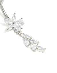 Close view of a surgical steel cubic zirconia flower vine drop belly bar featuring floral elements in silver close up view - link has visual effect only