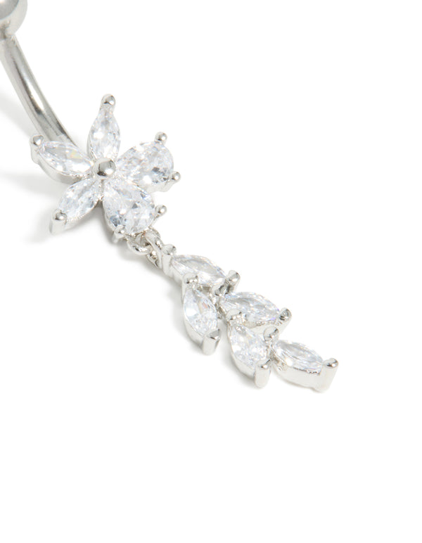 Close view of a surgical steel cubic zirconia flower vine drop belly bar featuring floral elements in silver close up view