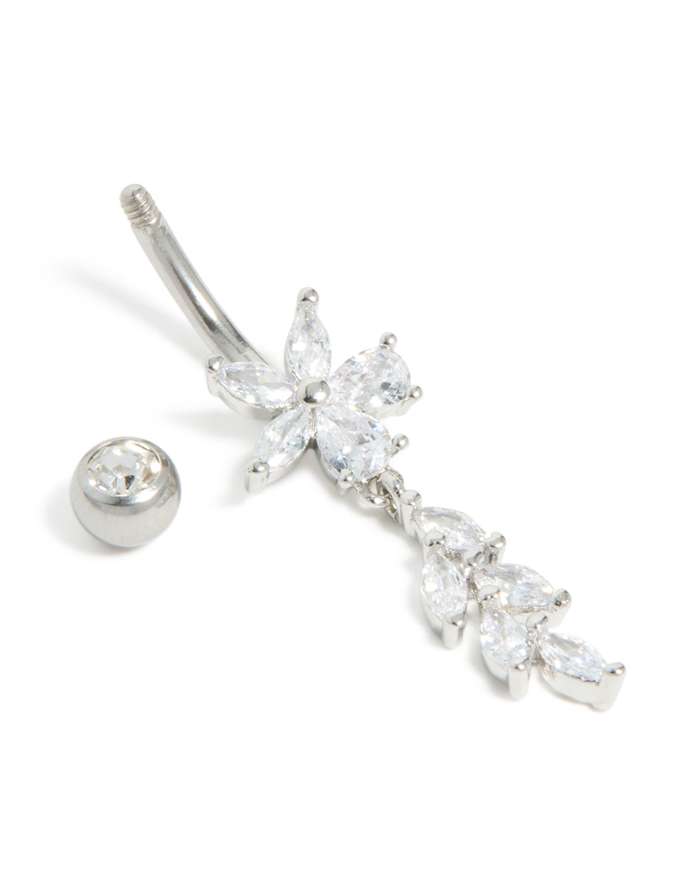Detailed product view of a surgical steel cubic zirconia flower vine drop belly bar featuring floral motif accents in silver detail view