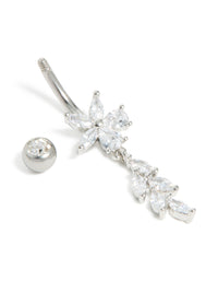 Detailed product view of a surgical steel cubic zirconia flower vine drop belly bar featuring floral motif accents in silver detail view - link has visual effect only