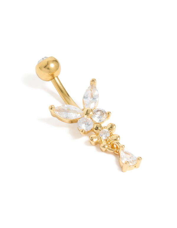 Gold Plated Surgical Steel Cubic Zirconia Butterfly Belly Bar