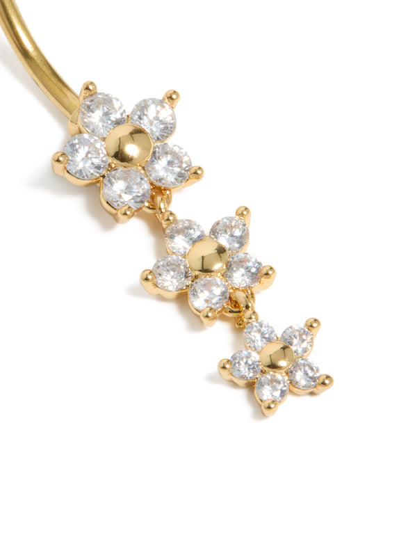 Gold Plated Surgical Steel Cubic Zirconia 3 Flower Drop Belly Bar