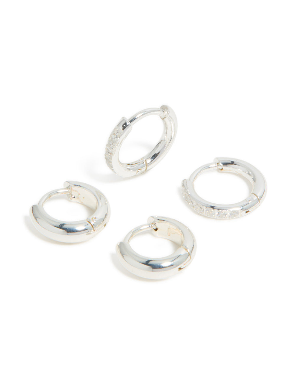 Elegant waterproof stainless steel pave and plain huggie earrings in a 2-pack with cubic zirconia hoop closure, presented in silver front view
