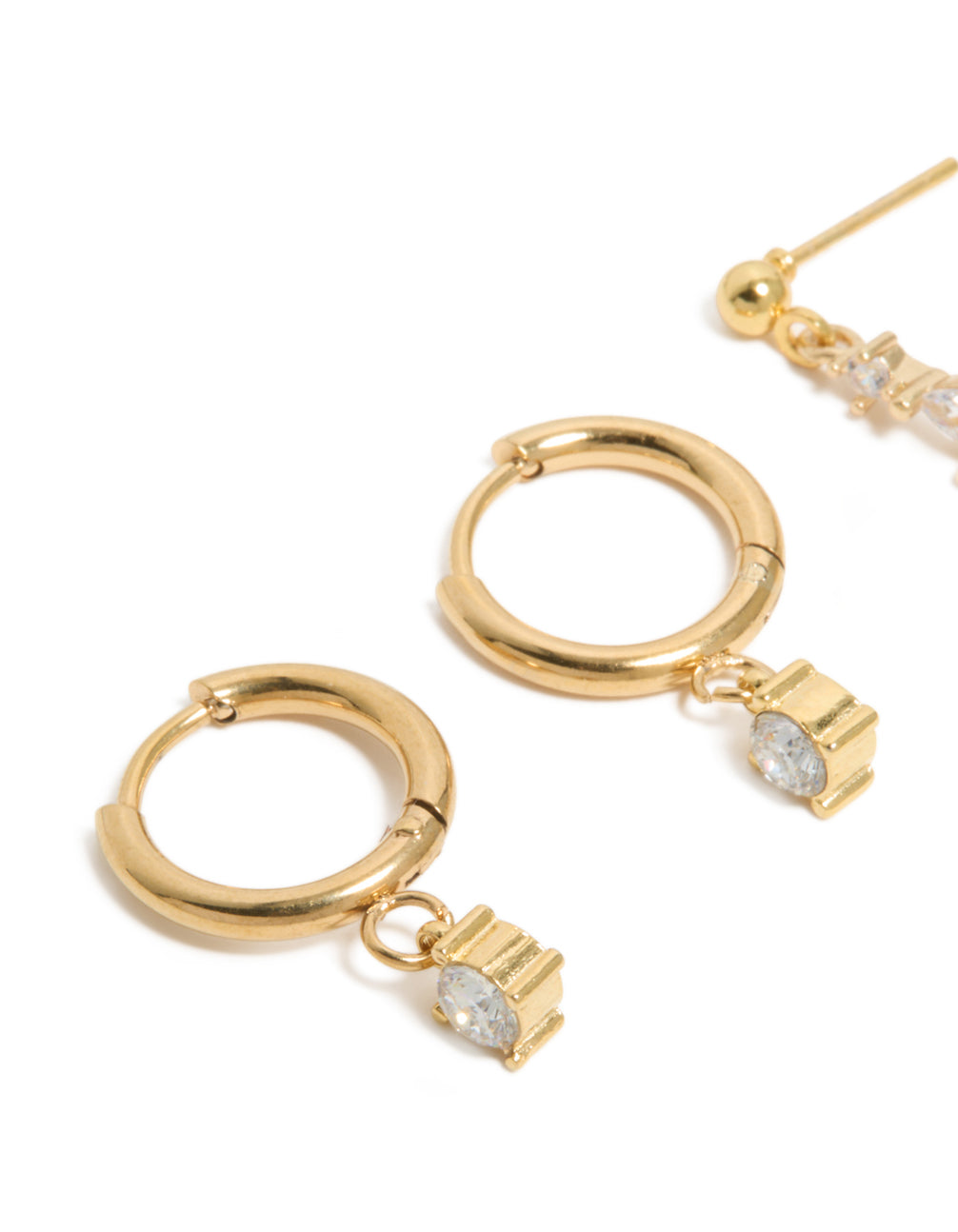 Crafted from waterproof gold plated stainless steel cubic zirconia, these huggie and drop earrings in a 2-pack with crystal close up view