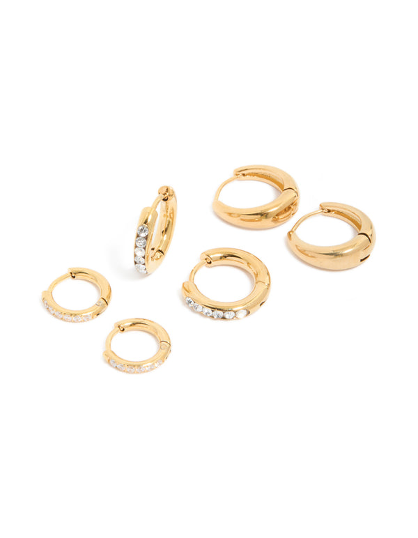 Waterproof Gold Plated Stainless Steel Pavé  & Plain Huggies Earrings 3-Pack