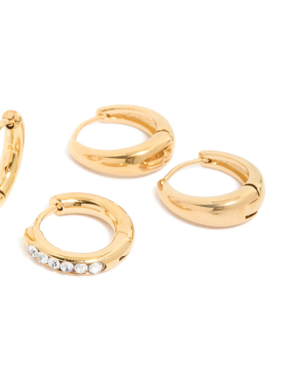 Waterproof Gold Plated Stainless Steel Pavé  & Plain Huggies Earrings 3-Pack