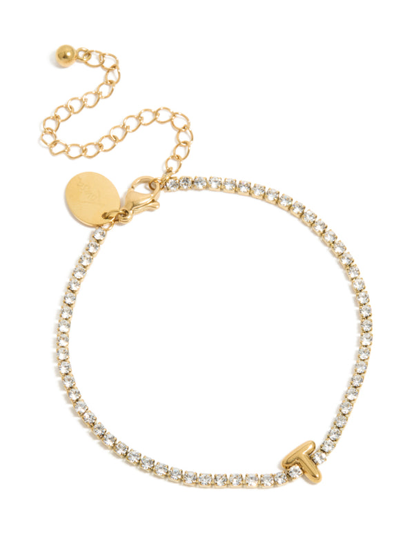 Waterproof Gold Plated Stainless Steel Cubic Zirconia Letter T Tennis Bracelet