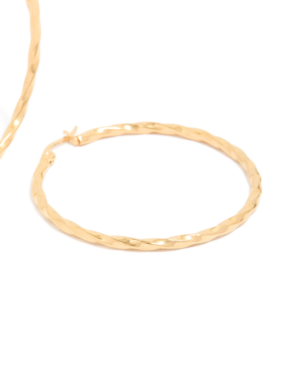 Crafted from gold plated surgical steel textured hoop earrings in 40 MM post detail view