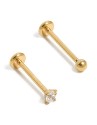 Displaying gold plated titanium cubic zirconia threadless flat back nose stud with ball detail front view - link has visual effect only