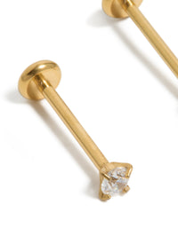 Highlighting gold plated titanium cubic zirconia threadless flat back nose stud with claw setting detail close up view - link has visual effect only