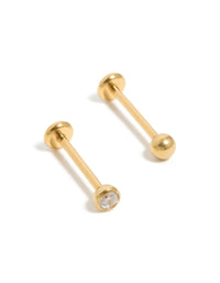 Presenting gold plated titanium bezel threadless flat back nose studs featuring bar detail, balls accent, diamond embellishment, and hoop closure side view - link has visual effect only